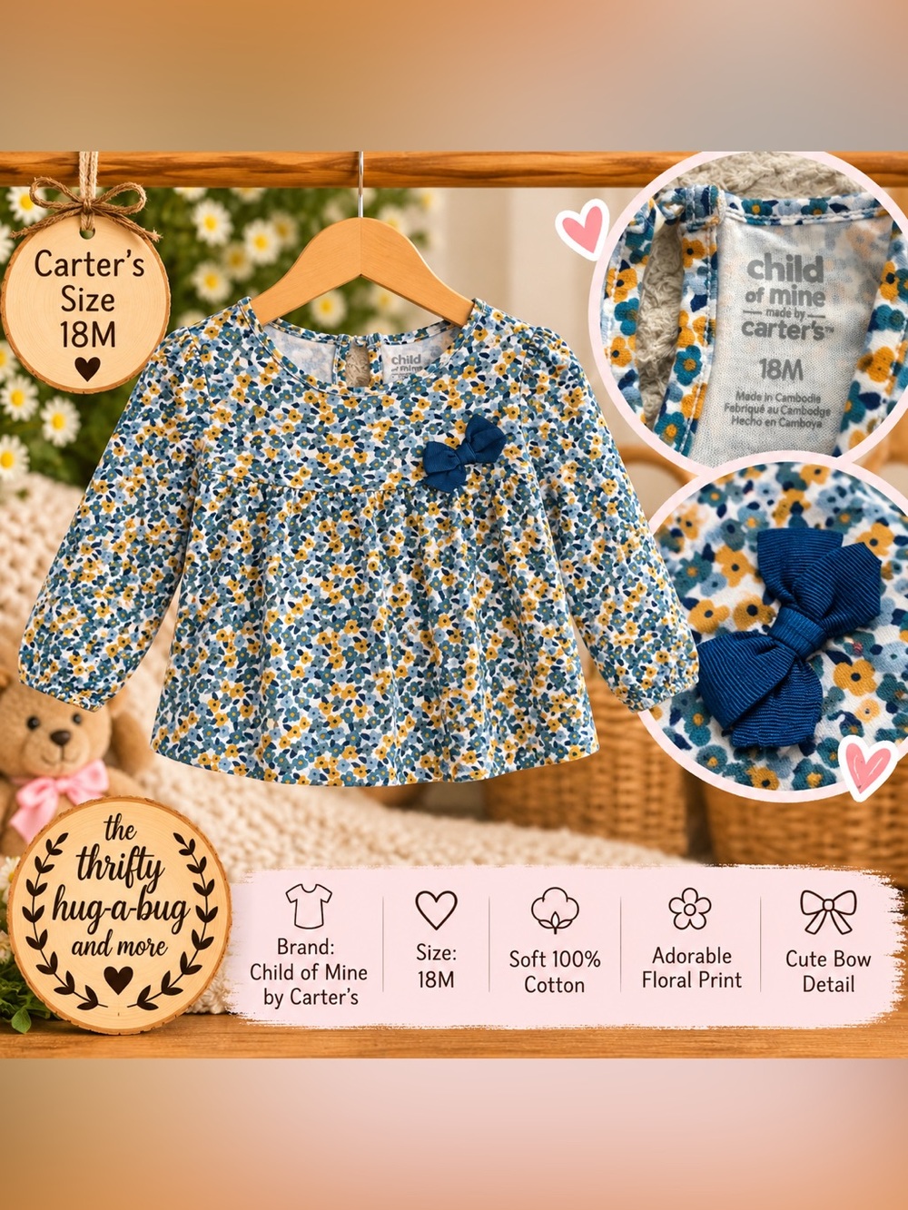 Child of Mine by Carter’s Floral Bow Top – 18M 🌼💙
